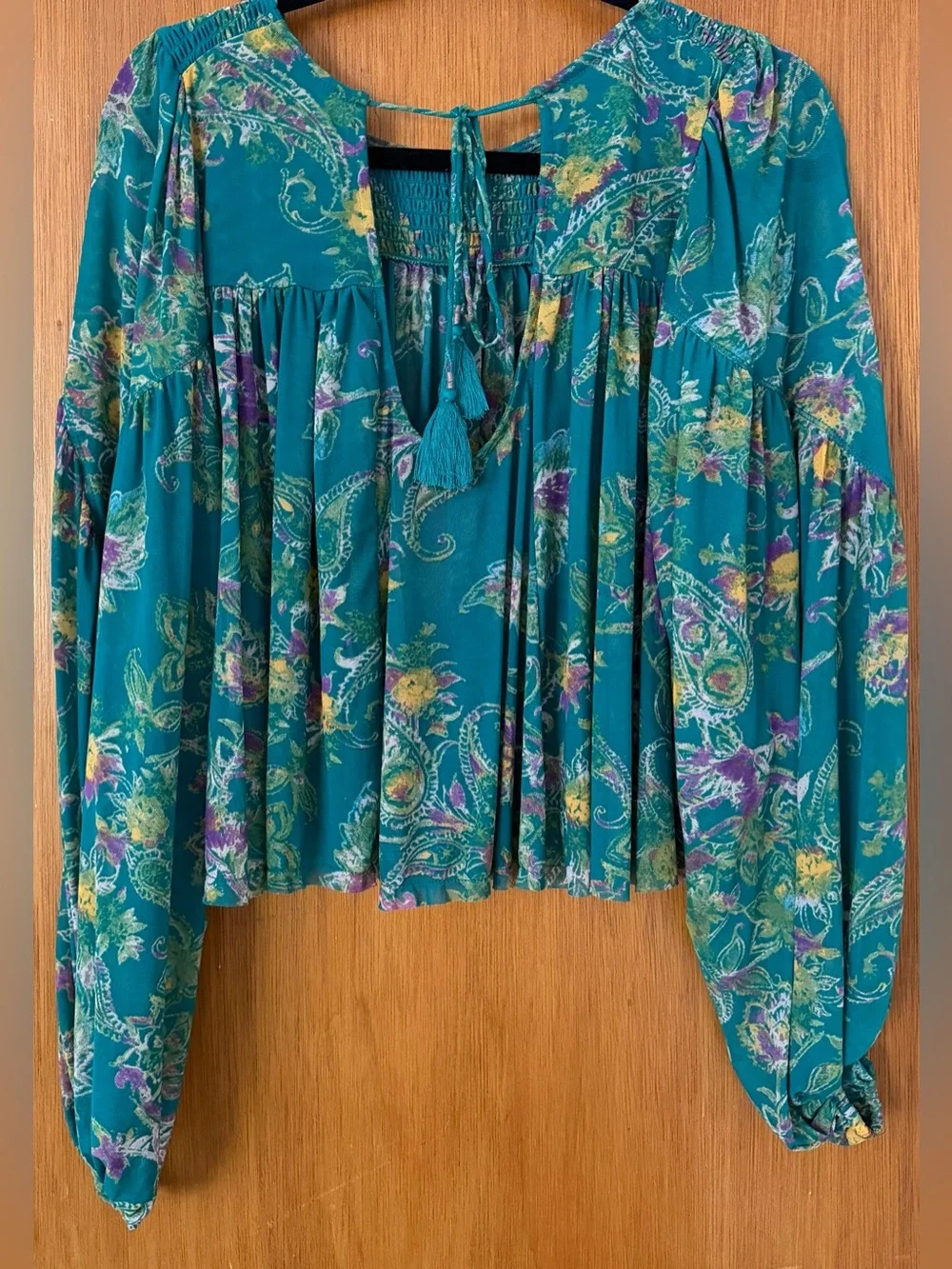 Free People Teal Floral Smocked Yoke Blouse